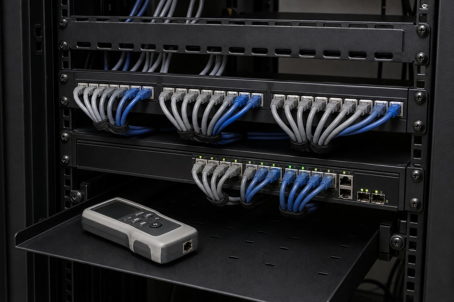 Patchpanel und Netzwerk-Switch mit sauber gebündelten Cat6a-Kabeln