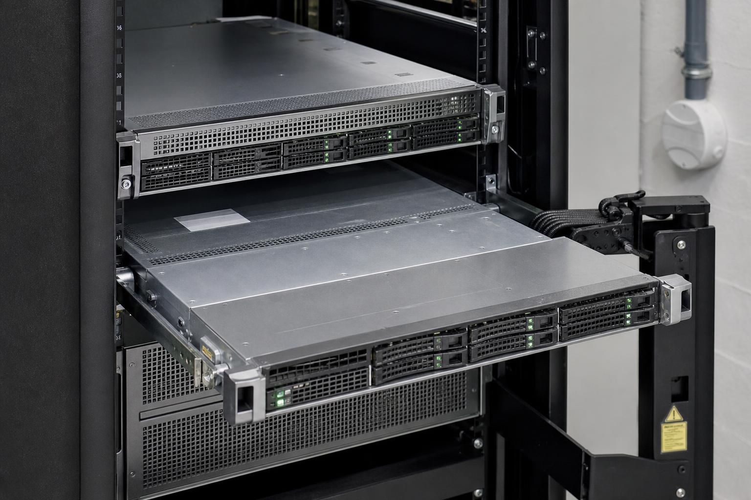 Rackserver auf ausgezogenen Schienen in einem modernen Serverschrank