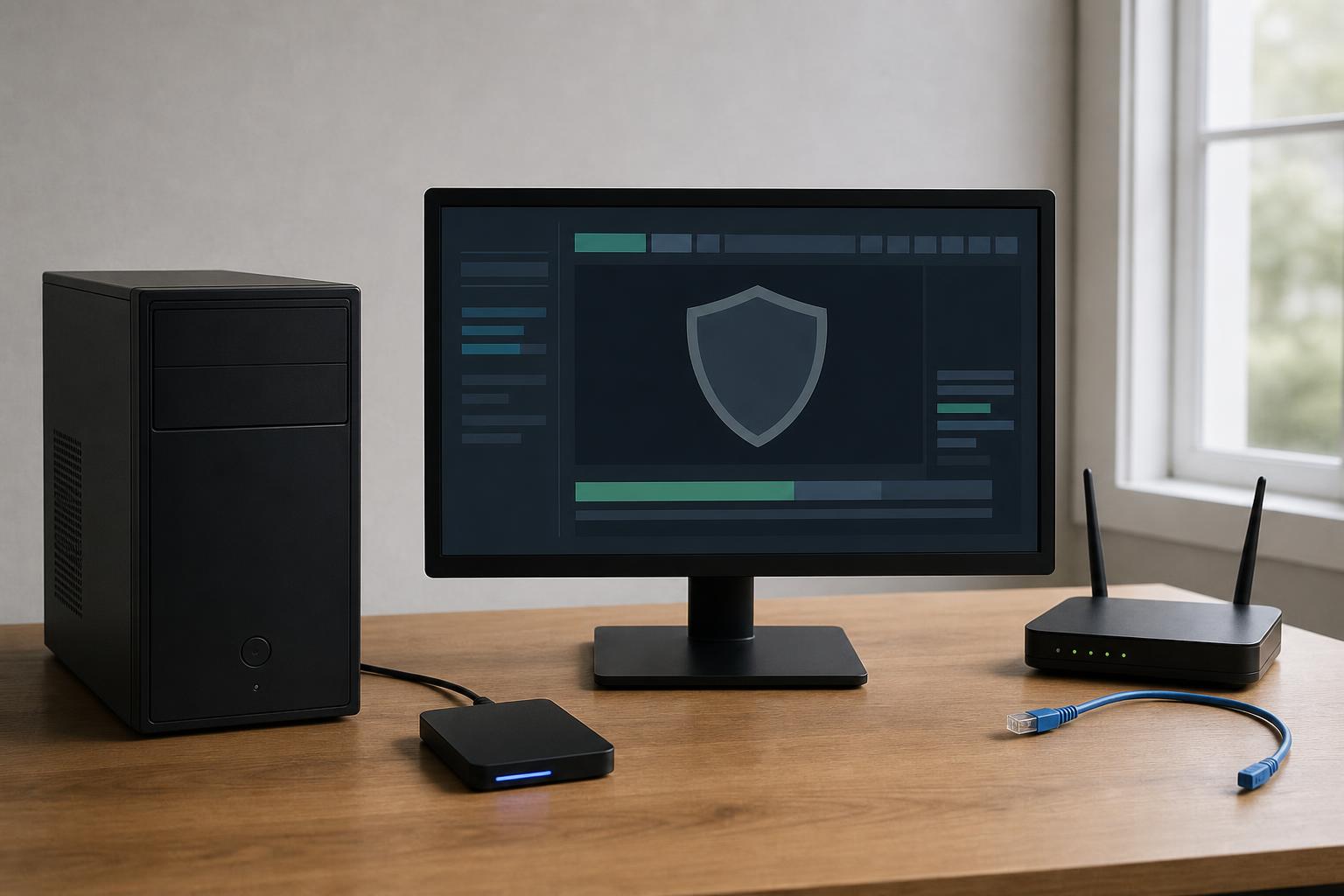 Isolierter Diagnose-PC mit abstrakter Sicherheitsanzeige und getrenntem Netzwerkkabel