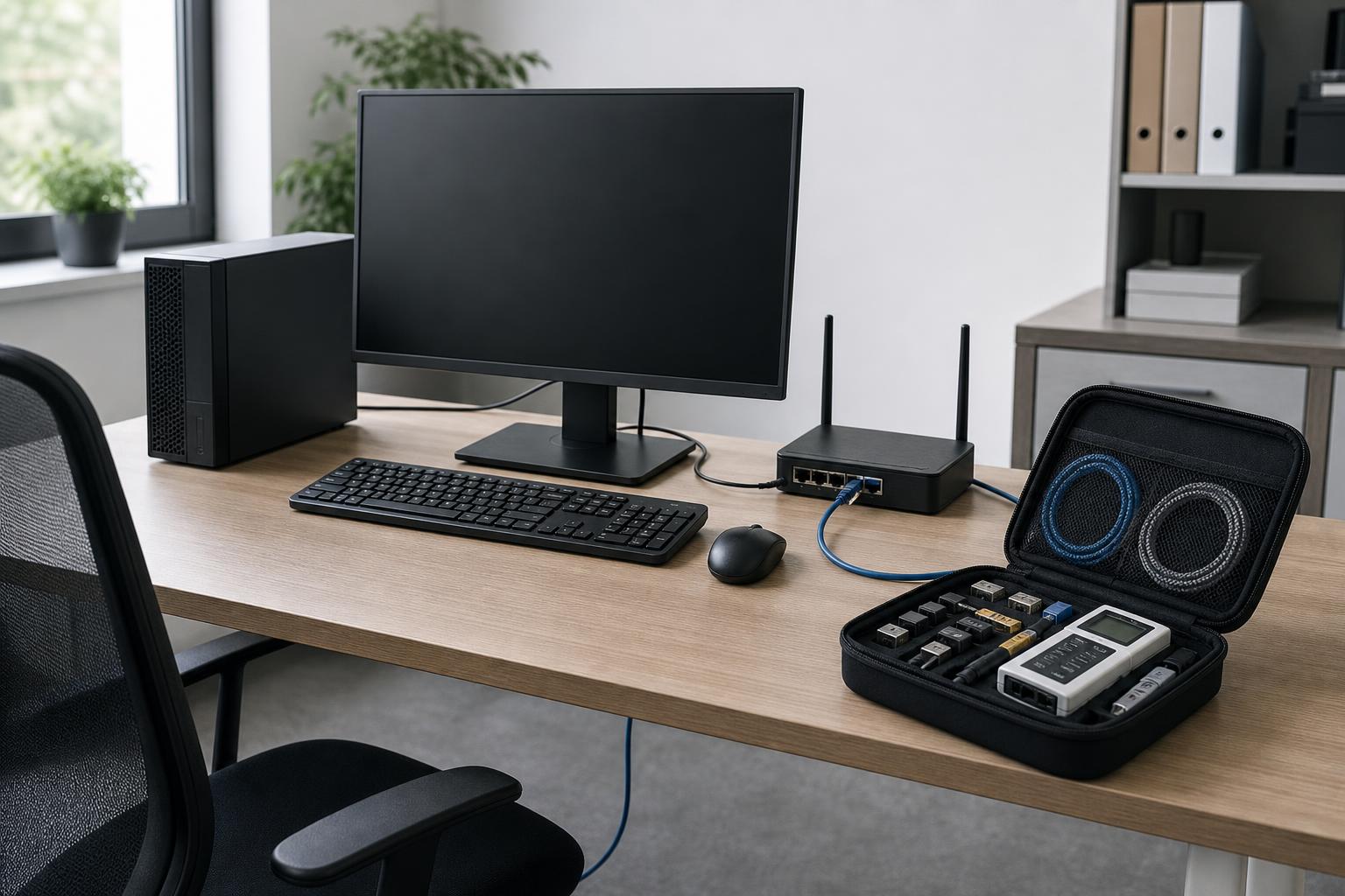 Moderner Büroarbeitsplatz mit Router, Netzwerkkabel und geöffnetem Diagnosekoffer