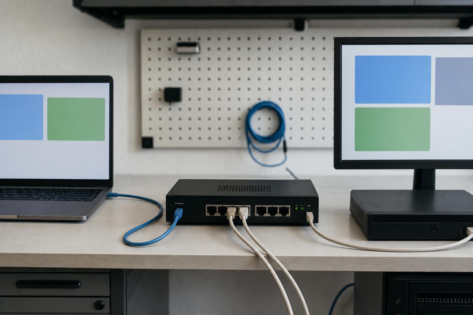 Firewall-Router mit zwei verbundenen Endgeräten für gesicherten Fernzugriff